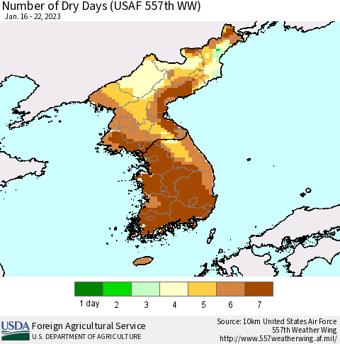Korea Number of Dry Days (USAF 557th WW) Thematic Map For 1/16/2023 - 1/22/2023