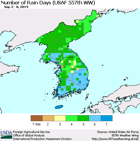 Korea Number of Rain Days (USAF 557th WW) Thematic Map For 9/2/2019 - 9/8/2019