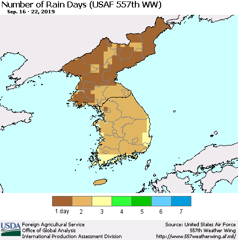 Korea Number of Rain Days (USAF 557th WW) Thematic Map For 9/16/2019 - 9/22/2019