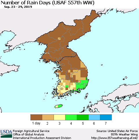 Korea Number of Rain Days (USAF 557th WW) Thematic Map For 9/23/2019 - 9/29/2019