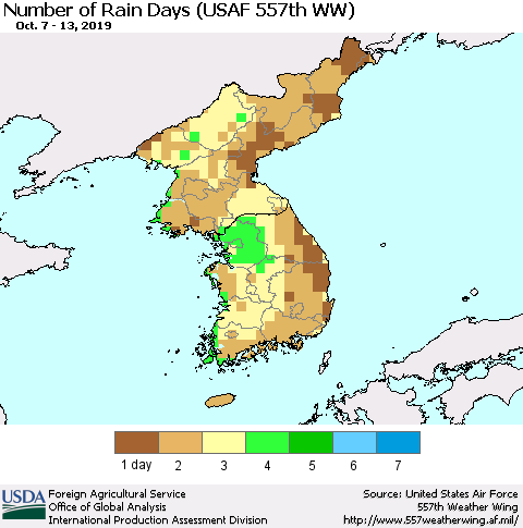Korea Number of Rain Days (USAF 557th WW) Thematic Map For 10/7/2019 - 10/13/2019