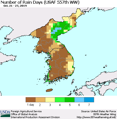 Korea Number of Rain Days (USAF 557th WW) Thematic Map For 10/21/2019 - 10/27/2019