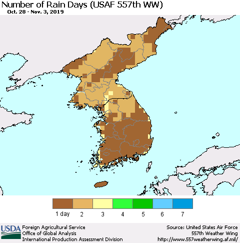 Korea Number of Rain Days (USAF 557th WW) Thematic Map For 10/28/2019 - 11/3/2019