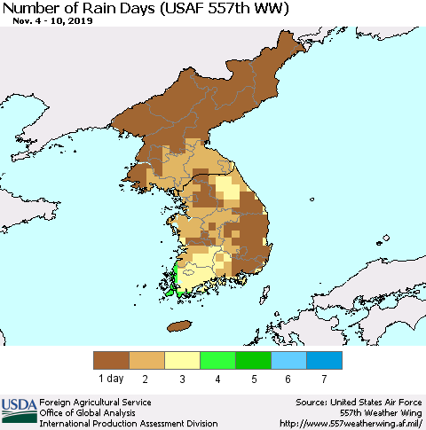 Korea Number of Rain Days (USAF 557th WW) Thematic Map For 11/4/2019 - 11/10/2019