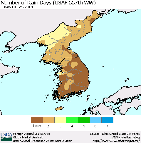 Korea Number of Rain Days (USAF 557th WW) Thematic Map For 11/18/2019 - 11/24/2019