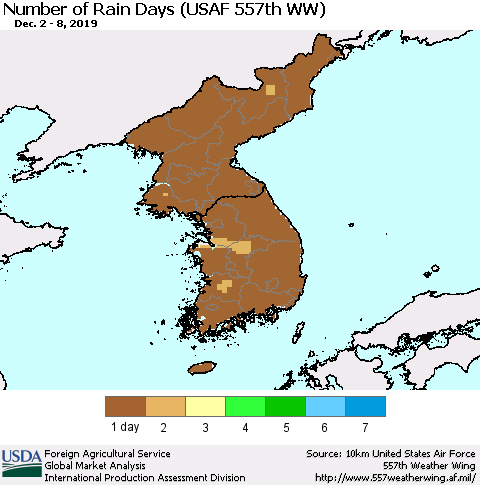 Korea Number of Rain Days (USAF 557th WW) Thematic Map For 12/2/2019 - 12/8/2019