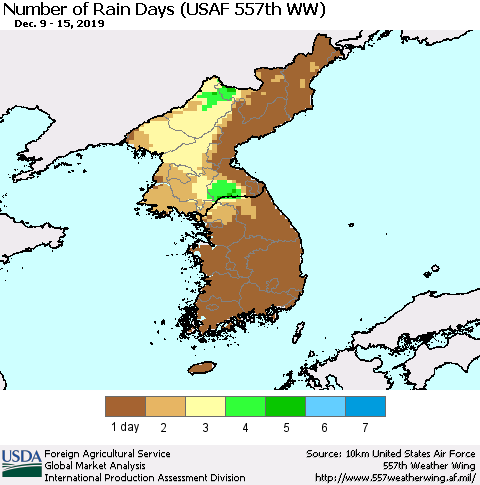 Korea Number of Rain Days (USAF 557th WW) Thematic Map For 12/9/2019 - 12/15/2019