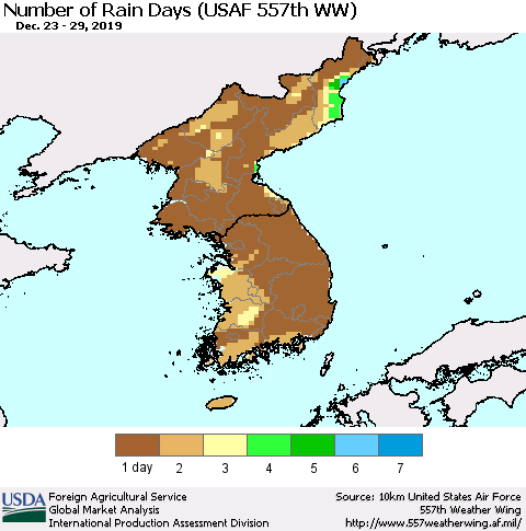 Korea Number of Rain Days (USAF 557th WW) Thematic Map For 12/23/2019 - 12/29/2019