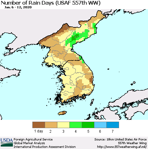 Korea Number of Rain Days (USAF 557th WW) Thematic Map For 1/6/2020 - 1/12/2020