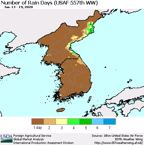Korea Number of Rain Days (USAF 557th WW) Thematic Map For 1/13/2020 - 1/19/2020