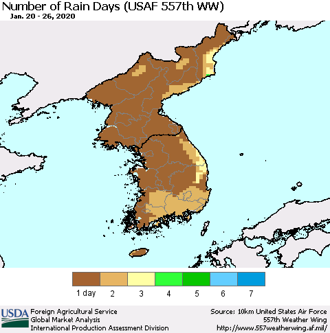 Korea Number of Rain Days (USAF 557th WW) Thematic Map For 1/20/2020 - 1/26/2020