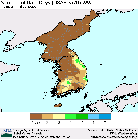 Korea Number of Rain Days (USAF 557th WW) Thematic Map For 1/27/2020 - 2/2/2020