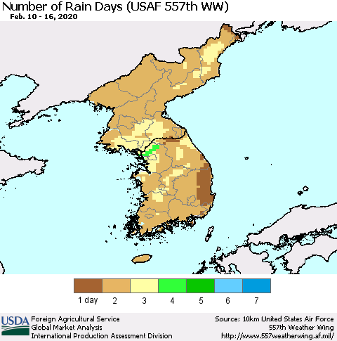 Korea Number of Rain Days (USAF 557th WW) Thematic Map For 2/10/2020 - 2/16/2020