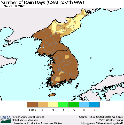 Korea Number of Rain Days (USAF 557th WW) Thematic Map For 3/2/2020 - 3/8/2020