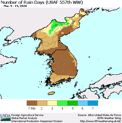 Korea Number of Rain Days (USAF 557th WW) Thematic Map For 3/9/2020 - 3/15/2020