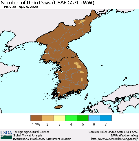 Korea Number of Rain Days (USAF 557th WW) Thematic Map For 3/30/2020 - 4/5/2020