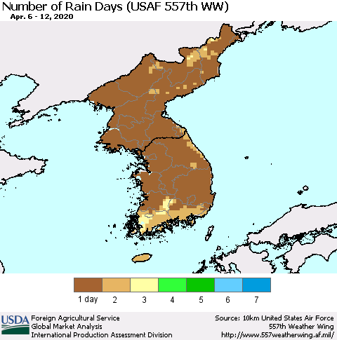 Korea Number of Rain Days (USAF 557th WW) Thematic Map For 4/6/2020 - 4/12/2020