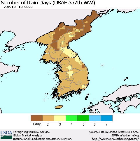 Korea Number of Rain Days (USAF 557th WW) Thematic Map For 4/13/2020 - 4/19/2020