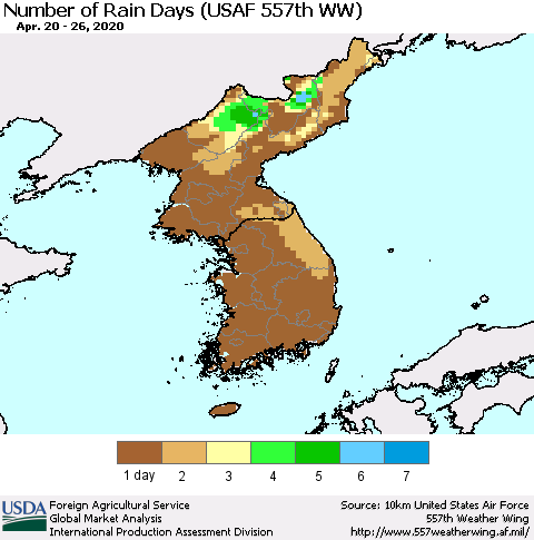 Korea Number of Rain Days (USAF 557th WW) Thematic Map For 4/20/2020 - 4/26/2020