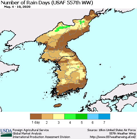Korea Number of Rain Days (USAF 557th WW) Thematic Map For 5/4/2020 - 5/10/2020