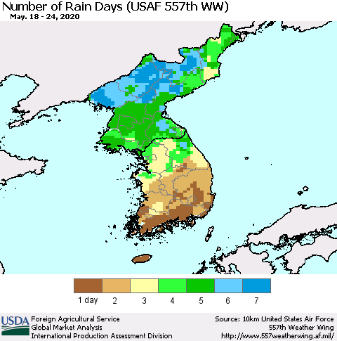 Korea Number of Rain Days (USAF 557th WW) Thematic Map For 5/18/2020 - 5/24/2020