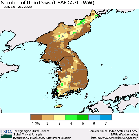 Korea Number of Rain Days (USAF 557th WW) Thematic Map For 6/15/2020 - 6/21/2020