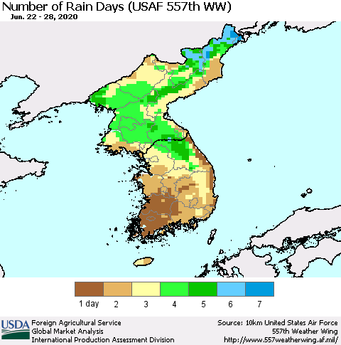 Korea Number of Rain Days (USAF 557th WW) Thematic Map For 6/22/2020 - 6/28/2020