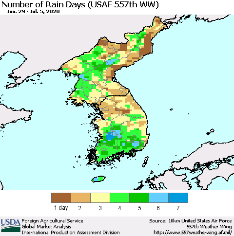 Korea Number of Rain Days (USAF 557th WW) Thematic Map For 6/29/2020 - 7/5/2020