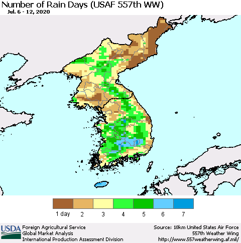 Korea Number of Rain Days (USAF 557th WW) Thematic Map For 7/6/2020 - 7/12/2020