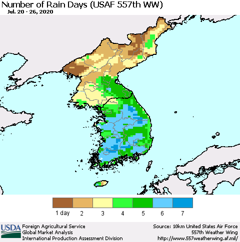 Korea Number of Rain Days (USAF 557th WW) Thematic Map For 7/20/2020 - 7/26/2020