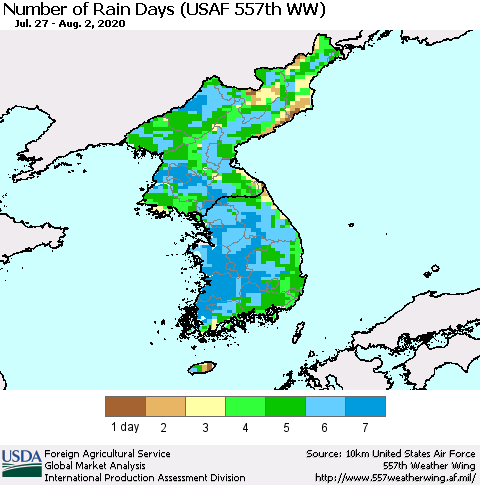 Korea Number of Rain Days (USAF 557th WW) Thematic Map For 7/27/2020 - 8/2/2020