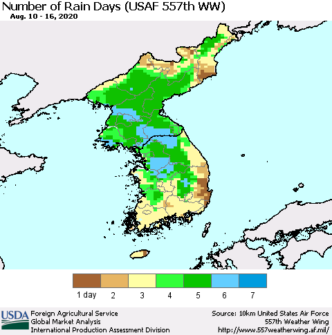 Korea Number of Rain Days (USAF 557th WW) Thematic Map For 8/10/2020 - 8/16/2020