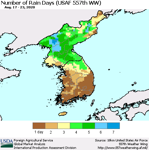 Korea Number of Rain Days (USAF 557th WW) Thematic Map For 8/17/2020 - 8/23/2020