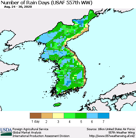 Korea Number of Rain Days (USAF 557th WW) Thematic Map For 8/24/2020 - 8/30/2020
