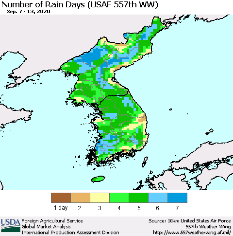 Korea Number of Rain Days (USAF 557th WW) Thematic Map For 9/7/2020 - 9/13/2020