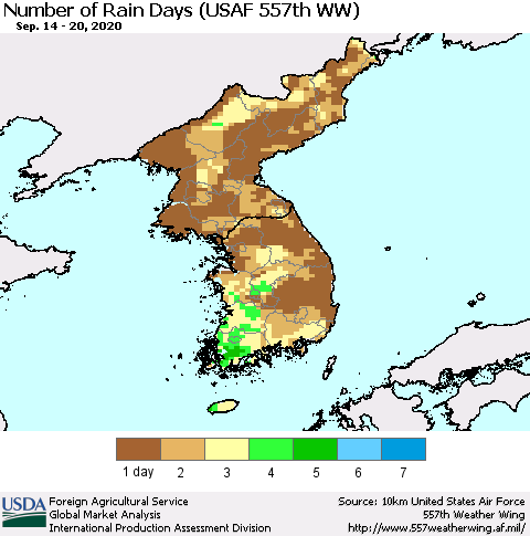 Korea Number of Rain Days (USAF 557th WW) Thematic Map For 9/14/2020 - 9/20/2020