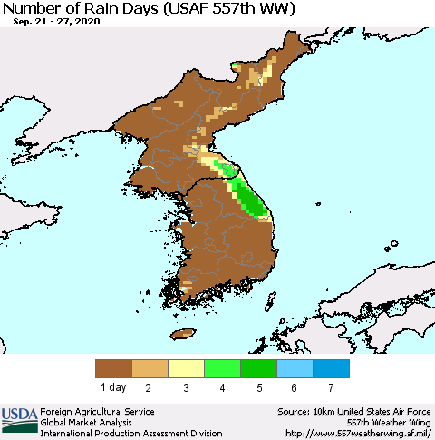 Korea Number of Rain Days (USAF 557th WW) Thematic Map For 9/21/2020 - 9/27/2020