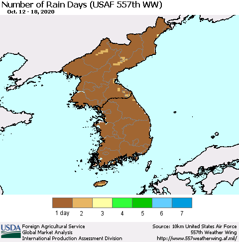 Korea Number of Rain Days (USAF 557th WW) Thematic Map For 10/12/2020 - 10/18/2020