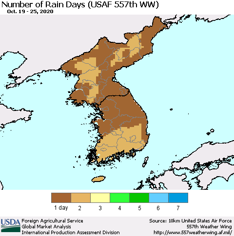 Korea Number of Rain Days (USAF 557th WW) Thematic Map For 10/19/2020 - 10/25/2020
