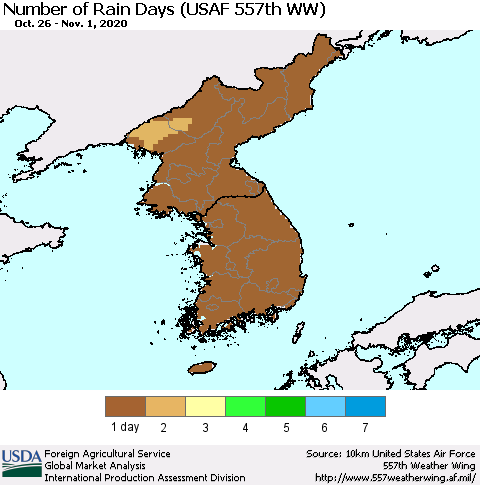 Korea Number of Rain Days (USAF 557th WW) Thematic Map For 10/26/2020 - 11/1/2020