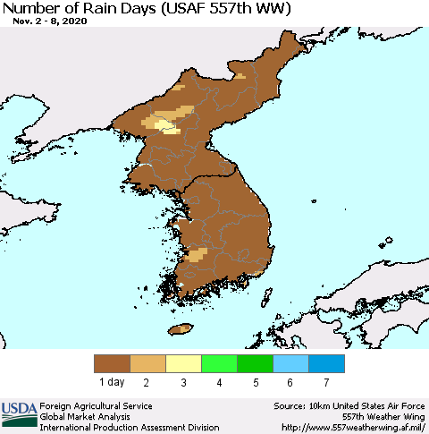 Korea Number of Rain Days (USAF 557th WW) Thematic Map For 11/2/2020 - 11/8/2020
