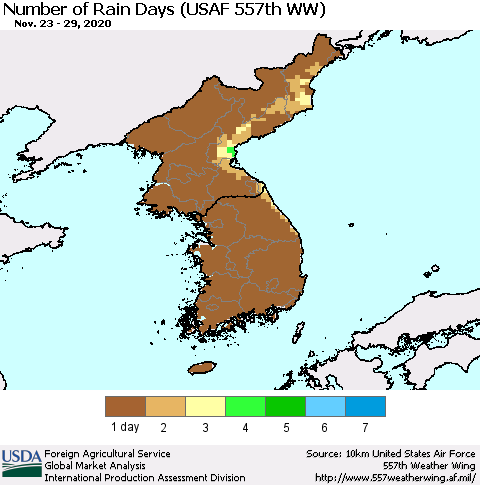 Korea Number of Rain Days (USAF 557th WW) Thematic Map For 11/23/2020 - 11/29/2020