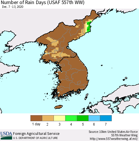Korea Number of Rain Days (USAF 557th WW) Thematic Map For 12/7/2020 - 12/13/2020