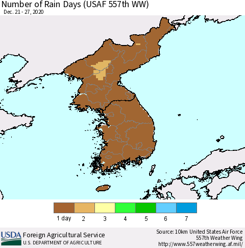 Korea Number of Rain Days (USAF 557th WW) Thematic Map For 12/21/2020 - 12/27/2020