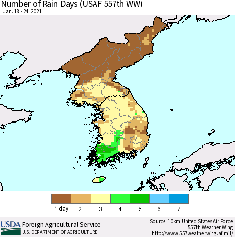 Korea Number of Rain Days (USAF 557th WW) Thematic Map For 1/18/2021 - 1/24/2021