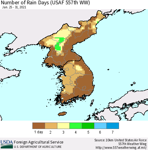 Korea Number of Rain Days (USAF 557th WW) Thematic Map For 1/25/2021 - 1/31/2021