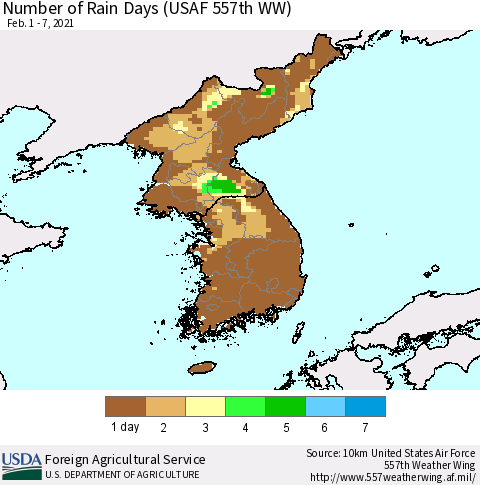 Korea Number of Rain Days (USAF 557th WW) Thematic Map For 2/1/2021 - 2/7/2021