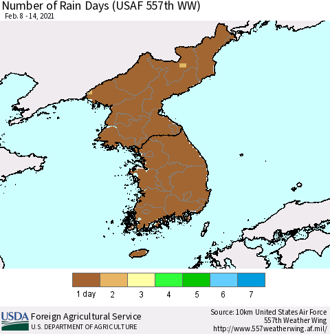Korea Number of Rain Days (USAF 557th WW) Thematic Map For 2/8/2021 - 2/14/2021