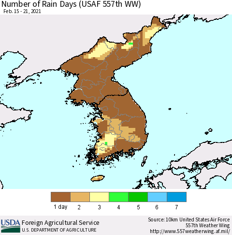 Korea Number of Rain Days (USAF 557th WW) Thematic Map For 2/15/2021 - 2/21/2021