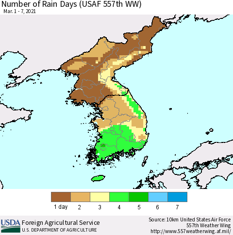 Korea Number of Rain Days (USAF 557th WW) Thematic Map For 3/1/2021 - 3/7/2021